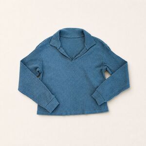 SHEIN Blue Ribbed Knit Collared Pullover Sweater Long Sleeve Casual Cozy Top